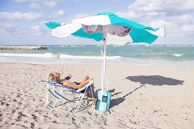 Buoy Beach 7.5 Ft Large Beach Umbrella - Teal White